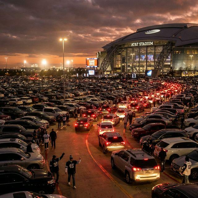 AT&T Stadium parking lot traffic after a Cowboys game - thousands of cars with brake lights