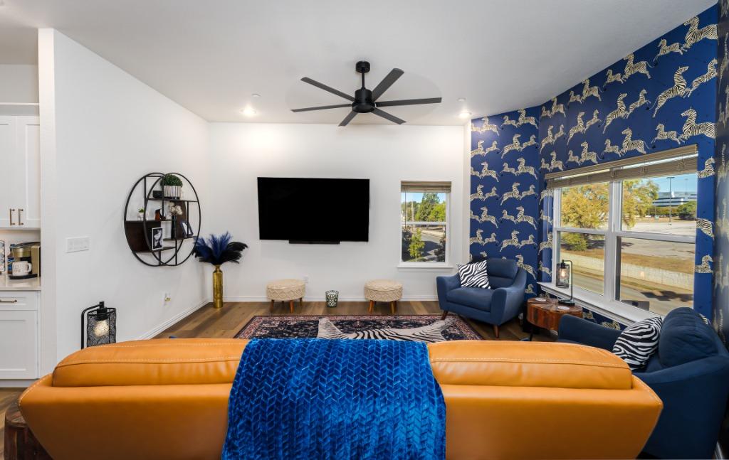 Haute Hideaway designer living room — corporate team meeting space in Arlington TX